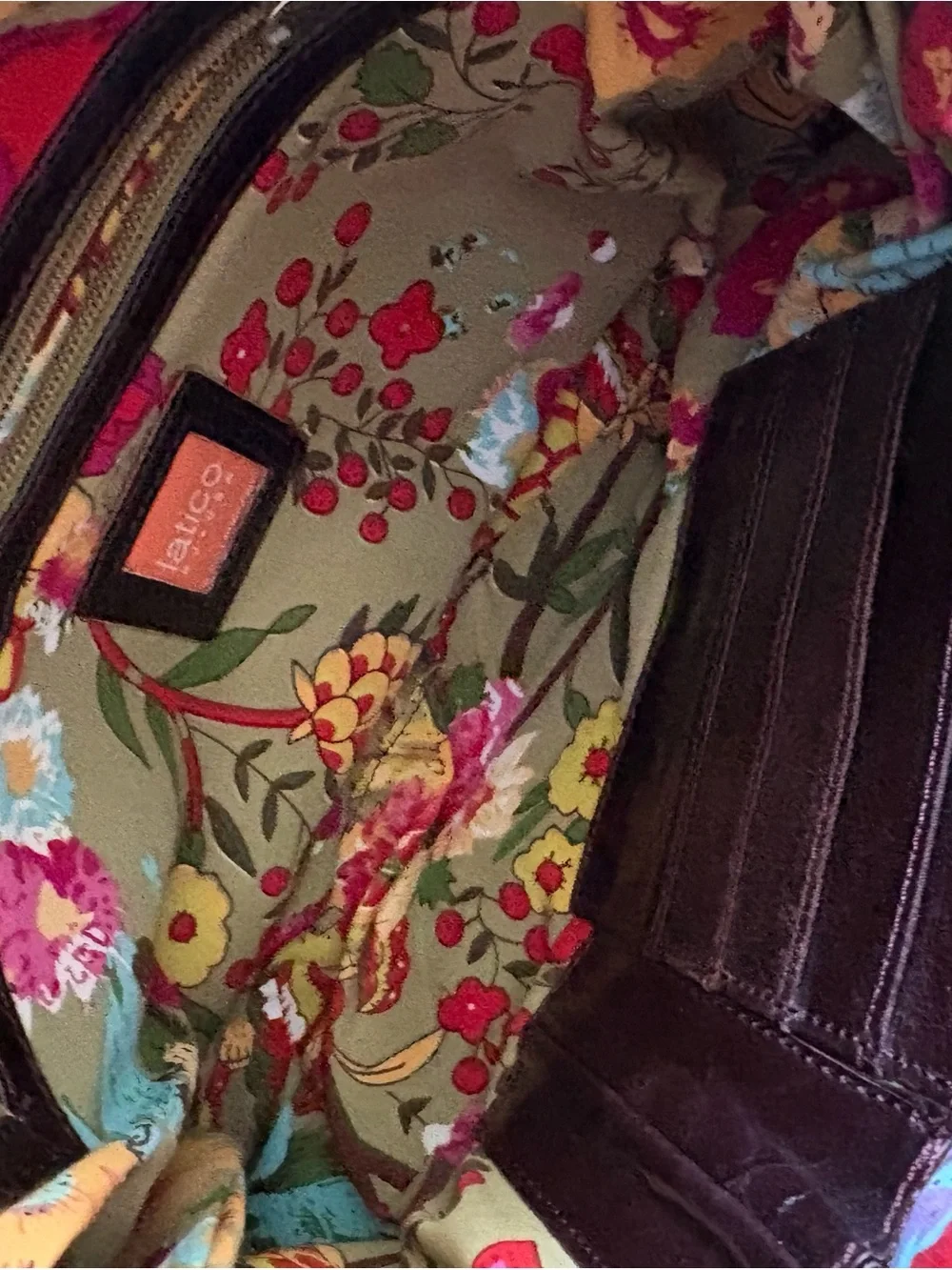 latico Dark Brown Leather Shoulder Bag with Blue Floral Scarf